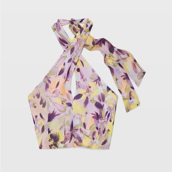 Floral Halter Top with Purple and Yellow Accents - Picture 1 of 11